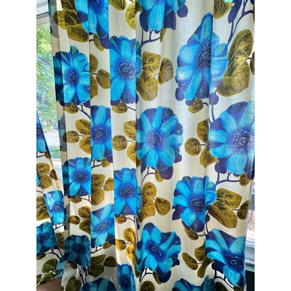 Vintage pleated curtain, huge blue green floral, thick oversized panel, for each - Picture 3 of 10